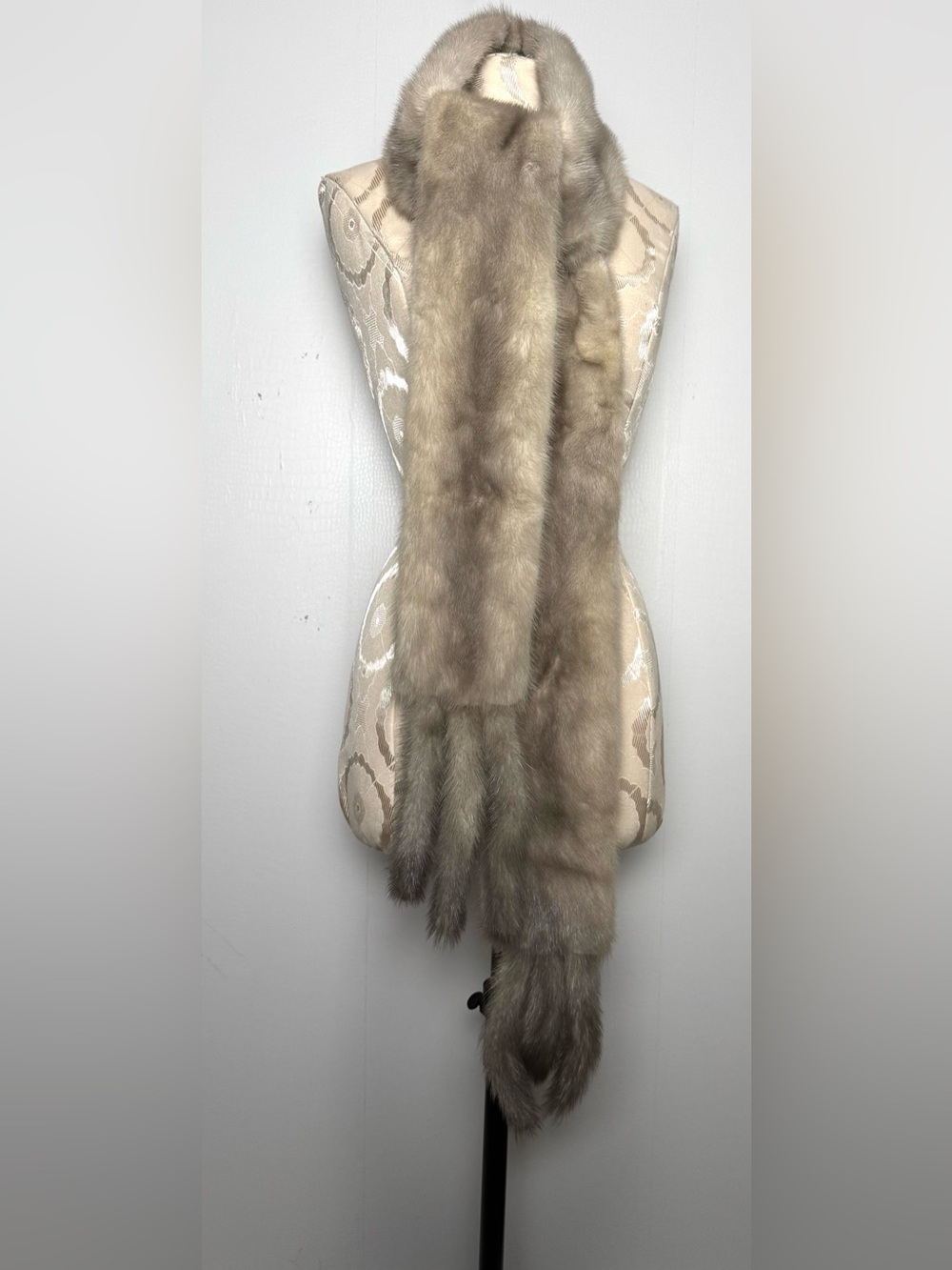 Extra Long Vintage Genuine Fur Stole Light Gray Tail Fringe